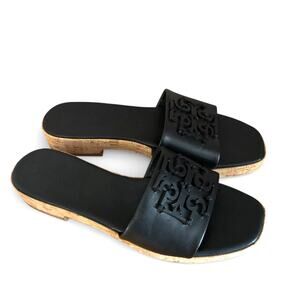 Tory Burch Logo Embossed Leather Slide Sandals Black Cork Sole, Size 9